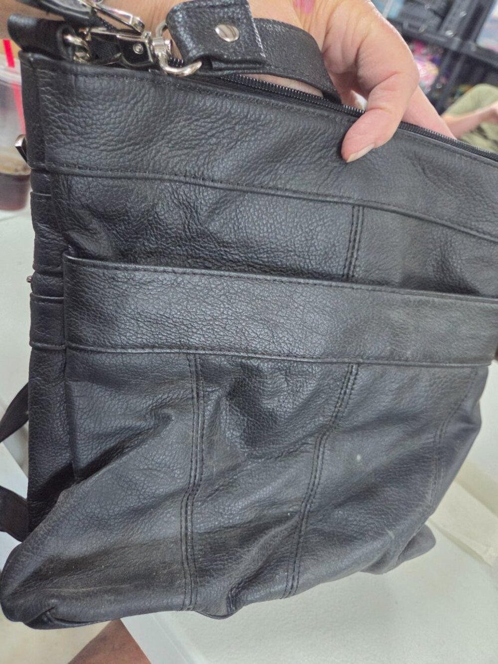 Black Multi-Zip Crossbody Bag Faux Leather Adjustable Strap Organizer - Picture 2 of 4